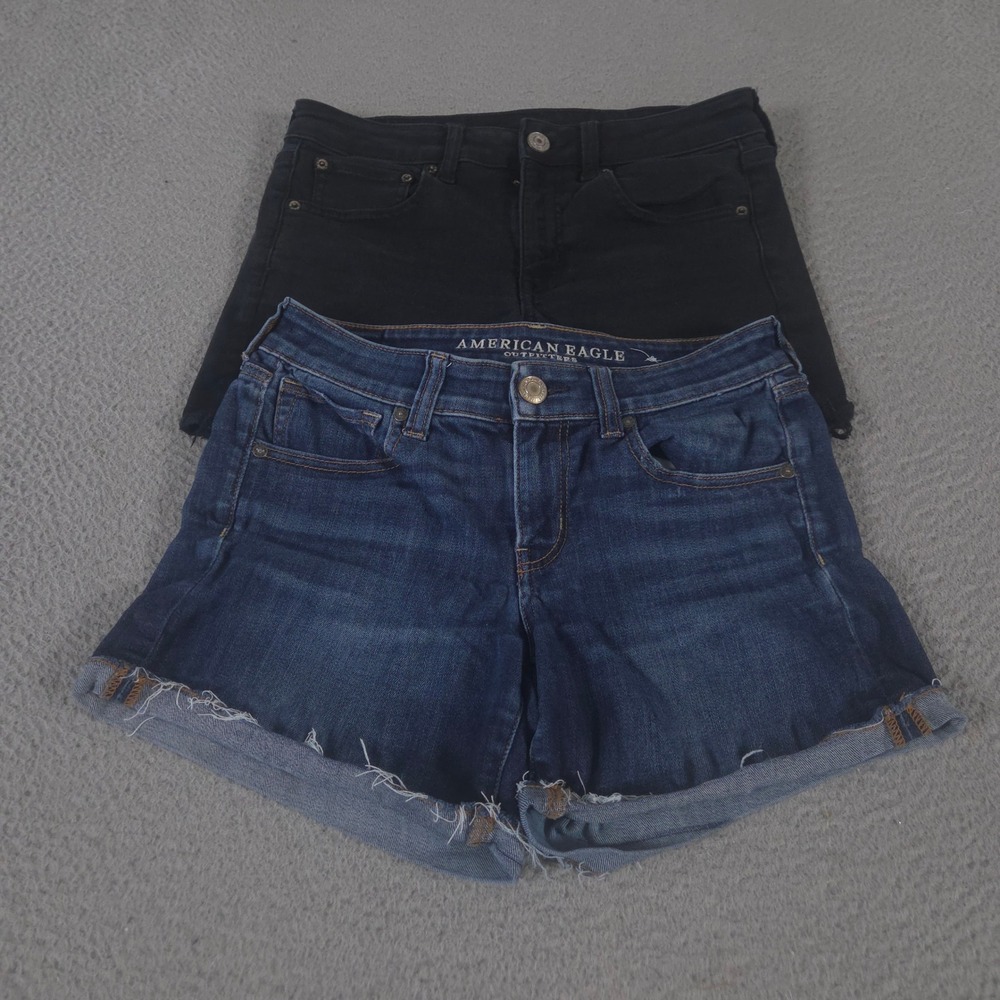 LOT OF 2 American Eagle Shorts Womens 6 Multi Midi Stretch Denim Raw Hem Cutoff